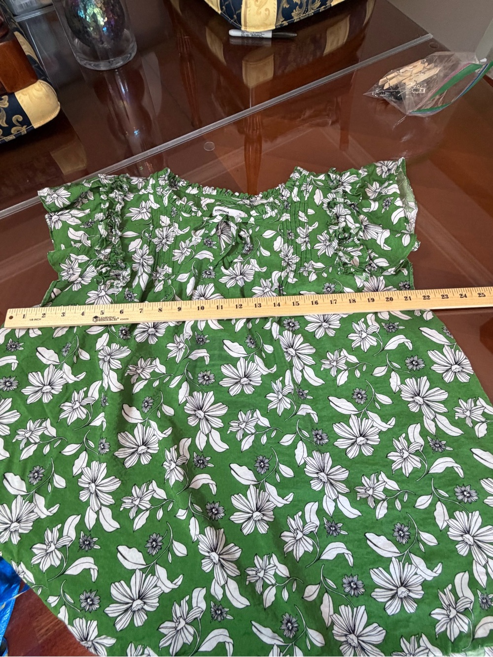 Sonoma Green Floral Ruffle-Trim Tie-Neck Blouse - Picture 5 of 8